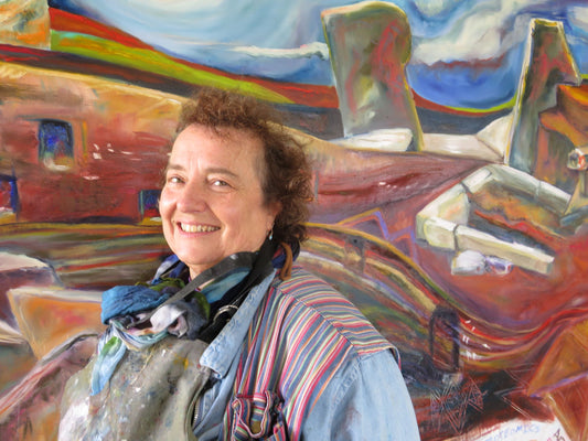 Artist Jeanne Bouza rose standing in front of the fifteen foot long painting created at the Ness of Brodgar Orkney