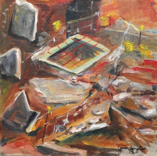 original oil painting from the Ness of Brodgar by jeanne Bouza rose titled Orthostats Grids Buckets at the Ness 2022