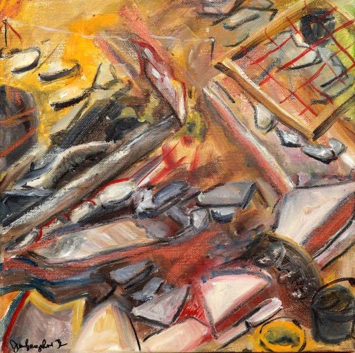 original painting from the Ness of Brodgar by Jeanne Bouza Rose titled the great trench t wall exposed at the Ness 2022