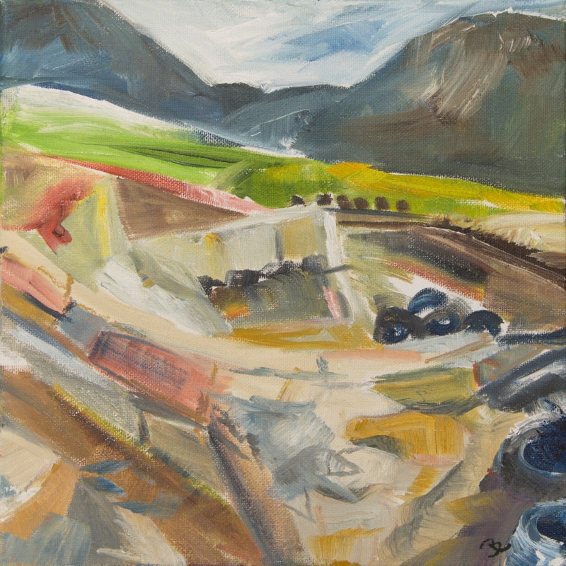 original painting from the ness of brodgar by jeanne bouza rose titled the curve of structure 12 at the Ness 2021