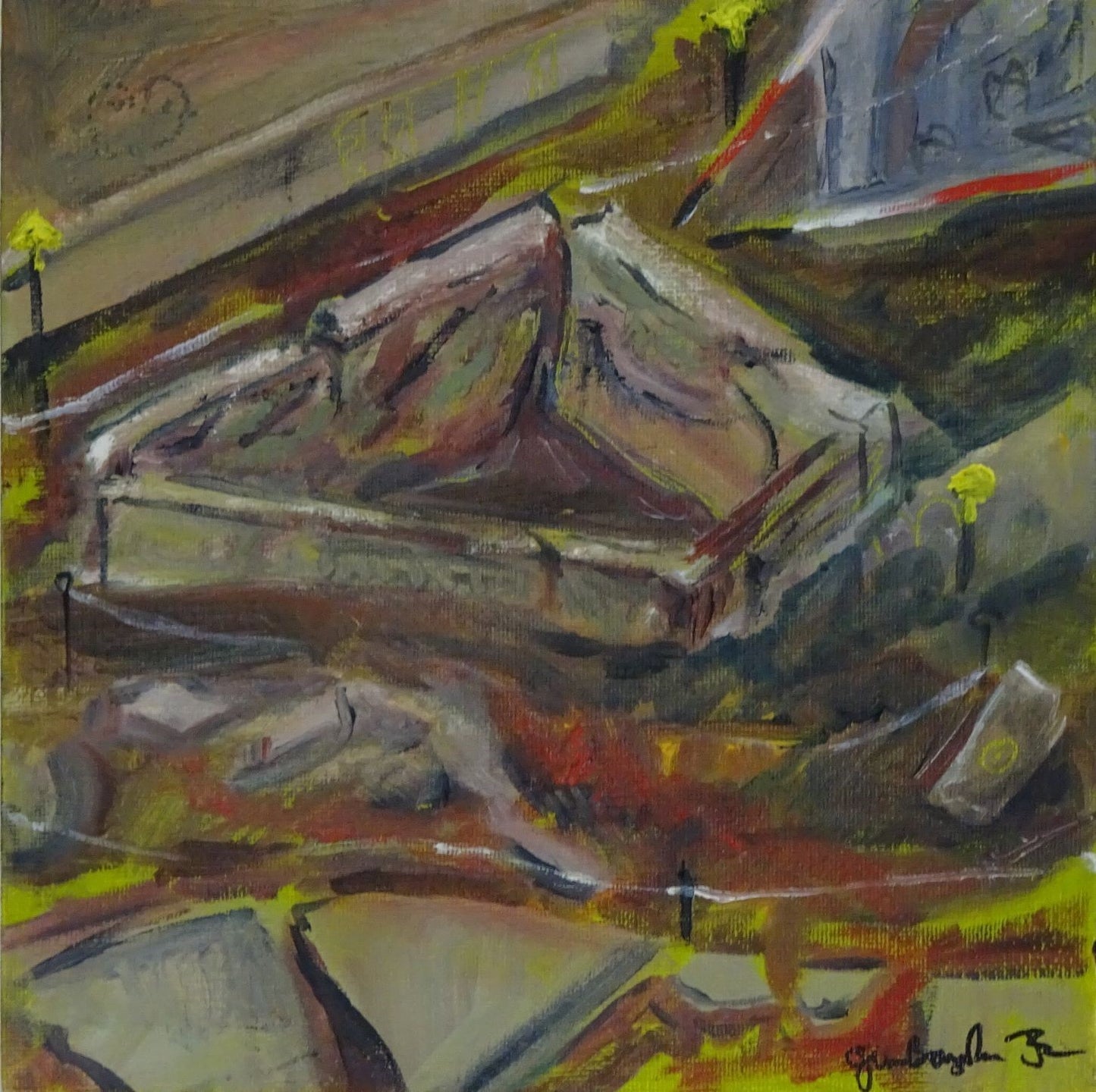 original painting from the Ness of Brodgar by Jeanne Bouza Rose titled Hearth at Structure 10 seems to tilt