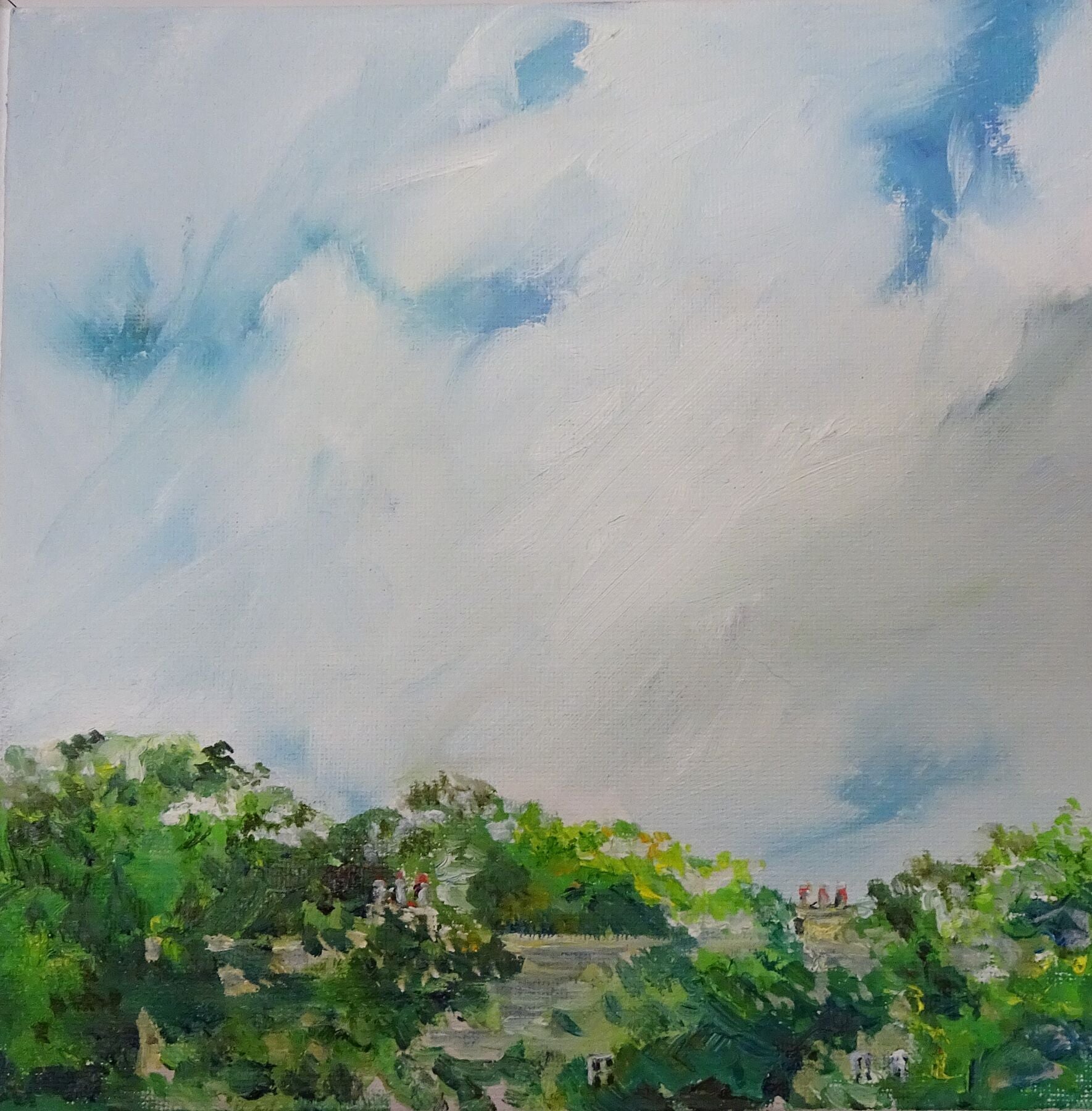 print of clouds above trees and a hidden house, Woodstock New York or Orkney Scotland by Jeanne Bouza Rose