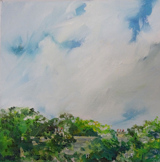 print of clouds above trees and a hidden house, Woodstock New York or Orkney Scotland by Jeanne Bouza Rose