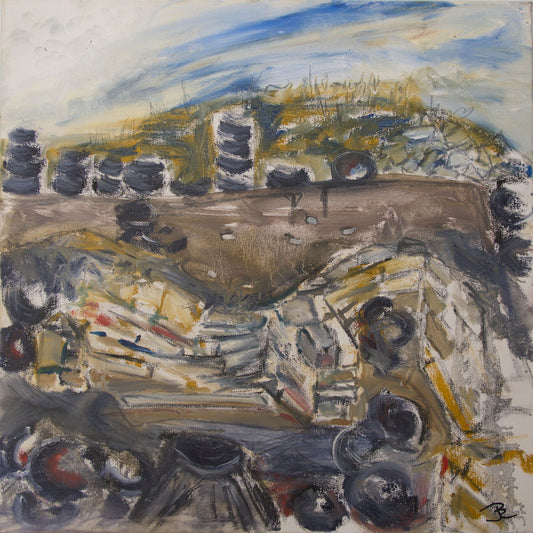 print of view across structure 12 Ness of Brodgar Orkney Scotland artist Jeanne Bouza Rose