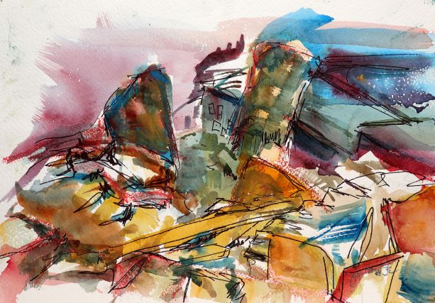 original watercolour painting at the Ness of Brodgar by jeanne bouza rose