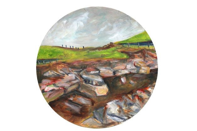 Original painting from the Ness of Brodgar by Jeanne Bouza Rose titled Around the Ness at the Ness 2022