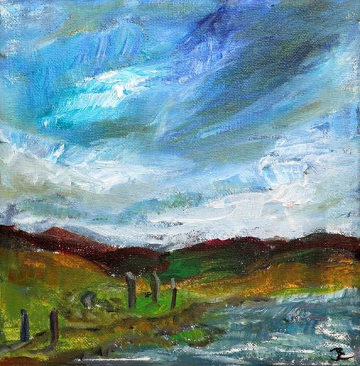 Original painting from the Ness of Brodgar by Jeanne Bouza Rose titled Across the Ness - Stenness at the Ness 2022