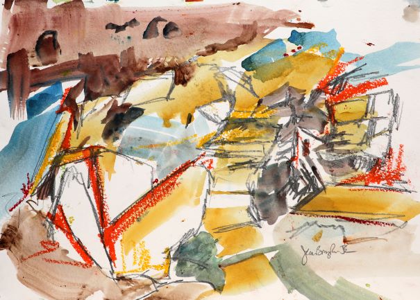 original watercolour painting at the Ness of Brodgar by jeanne bouza rose