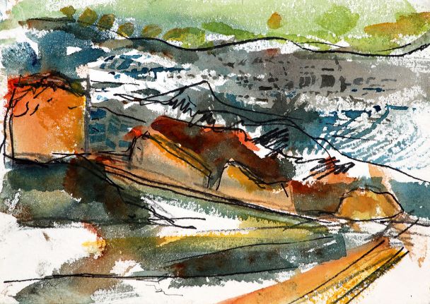 original watercolour painting at the Ness of Brodgar by jeanne bouzarose