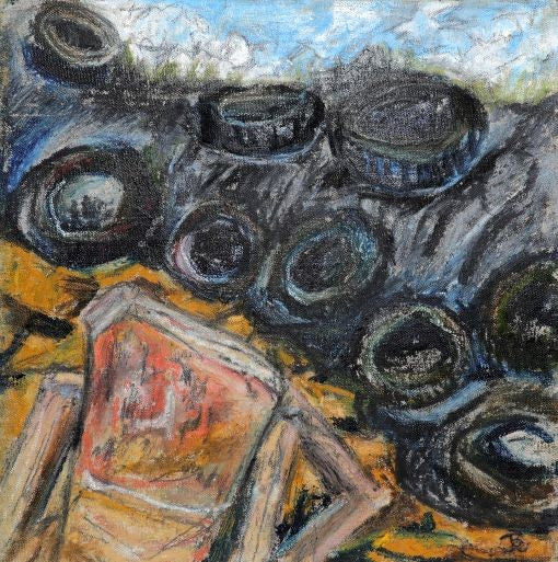 original painting from the Ness of Brodgar  by Jeanne Bouza Rose titled In the Plaza the Main Stone is Tyred 2022by