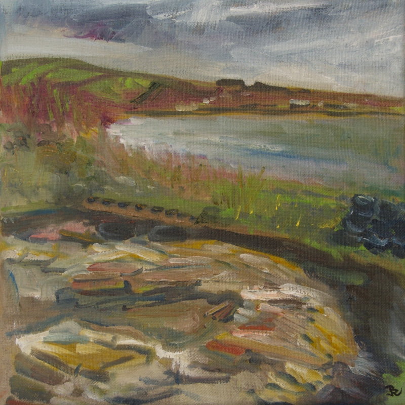 Original painting from the Ness of Brodgar by Jeanne Bouza Rose titled Bridge Across Structure 12 at the Ness 2021