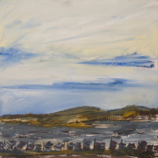 original painting from the Ness of Brodgar by Jeanne Bouza Rose  titled Looking Past Structure 12 to the Harray Loch at the Ness 2021