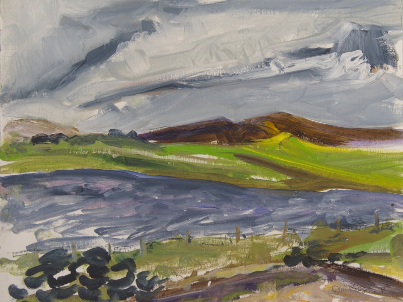 original painting from the ness of brodgar by jeanne bouza rose titled tyres and hills at the ness 2021
