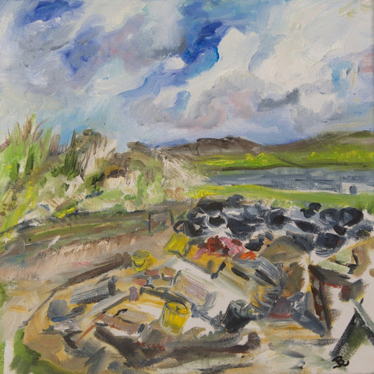 Original paintings from the Ness of Brodgar, Orkney by Jeanne Bouza Rose titled Across the the Harray Loch to Hoy, at the Ness 2021.
