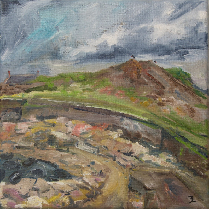 original painting from the Ness of Brodgar by Jeanne Bouza Rose titled Oyser catchers rule the spoil heap at Trench J at the Ness 2021