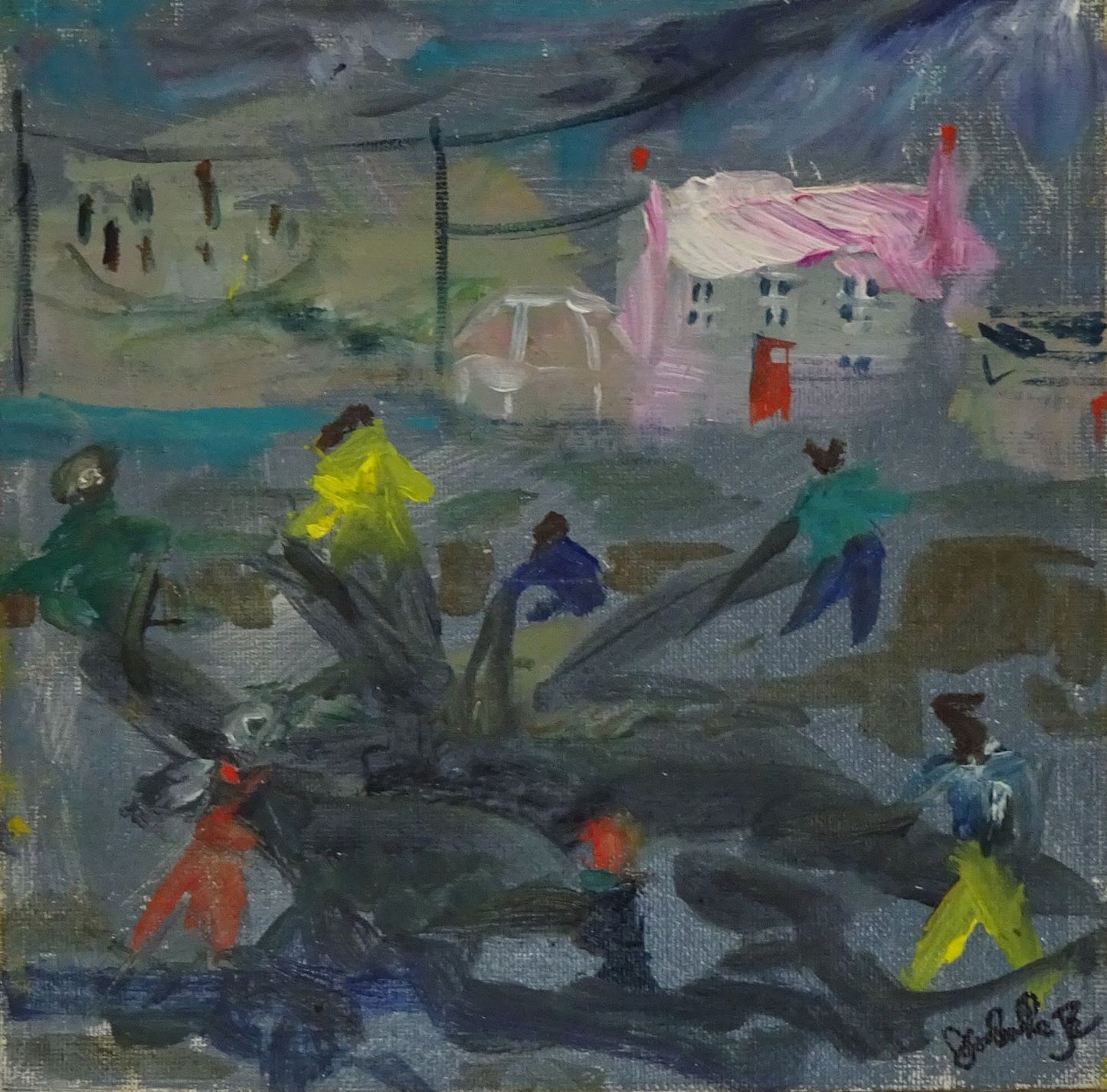Original painting from the NEss of Brodgar by Jeanne Bouza Rose titled CLosing the NEss with Black Plastic and Highland Park Yellow Slickers at the Ness 2022