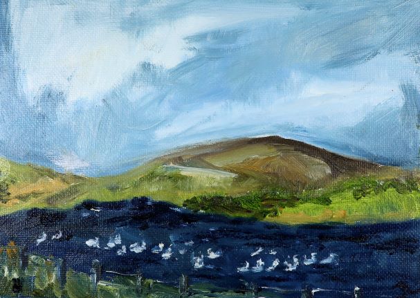 original painting from the ness of brodgar by jeanne bouza rose titled swans in harray loch.