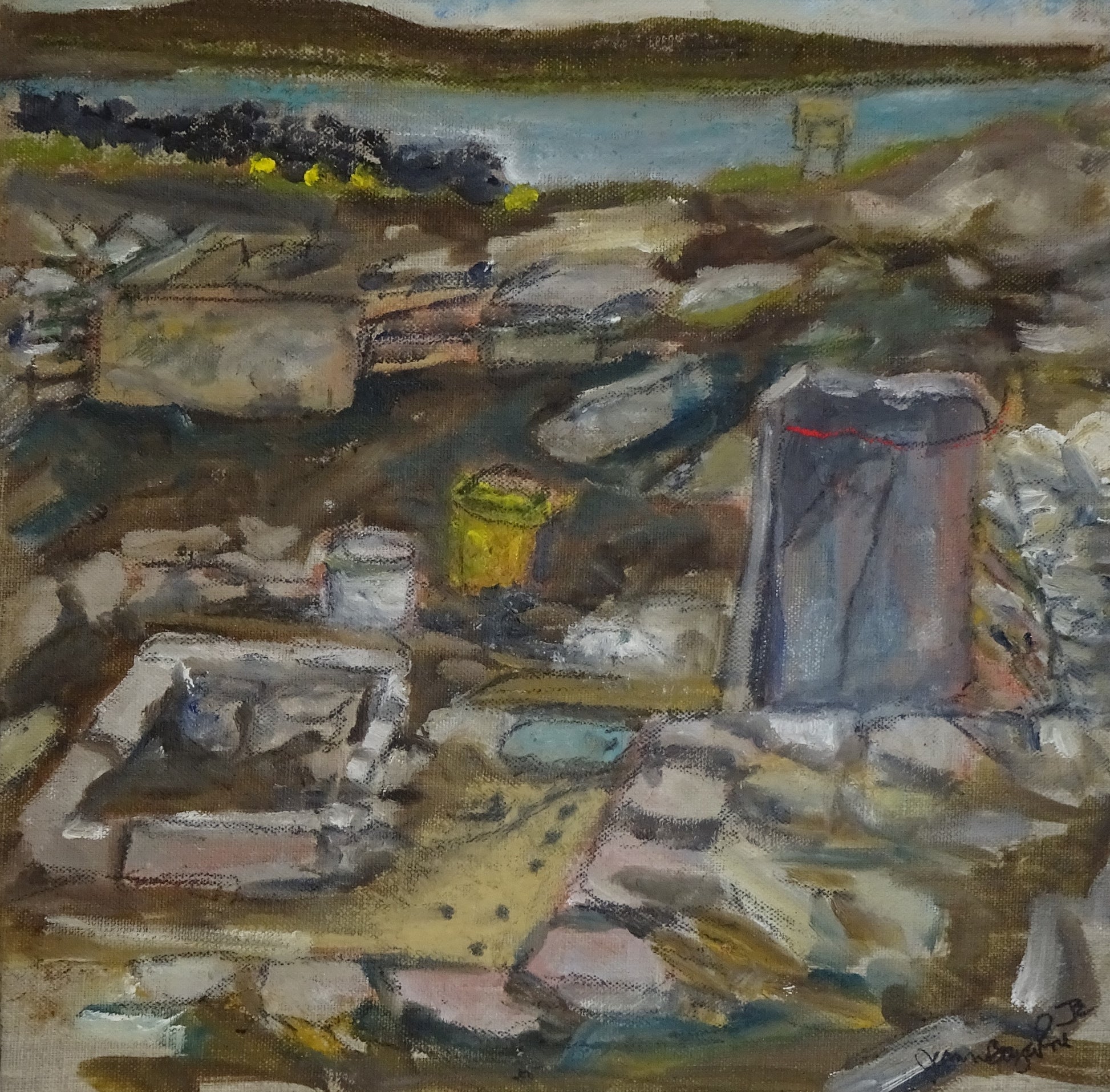 original painting from the Ness of Brodgar by Jeanne Bouza Rose titled Structure 1 clay floor revealed at the Ness 2022