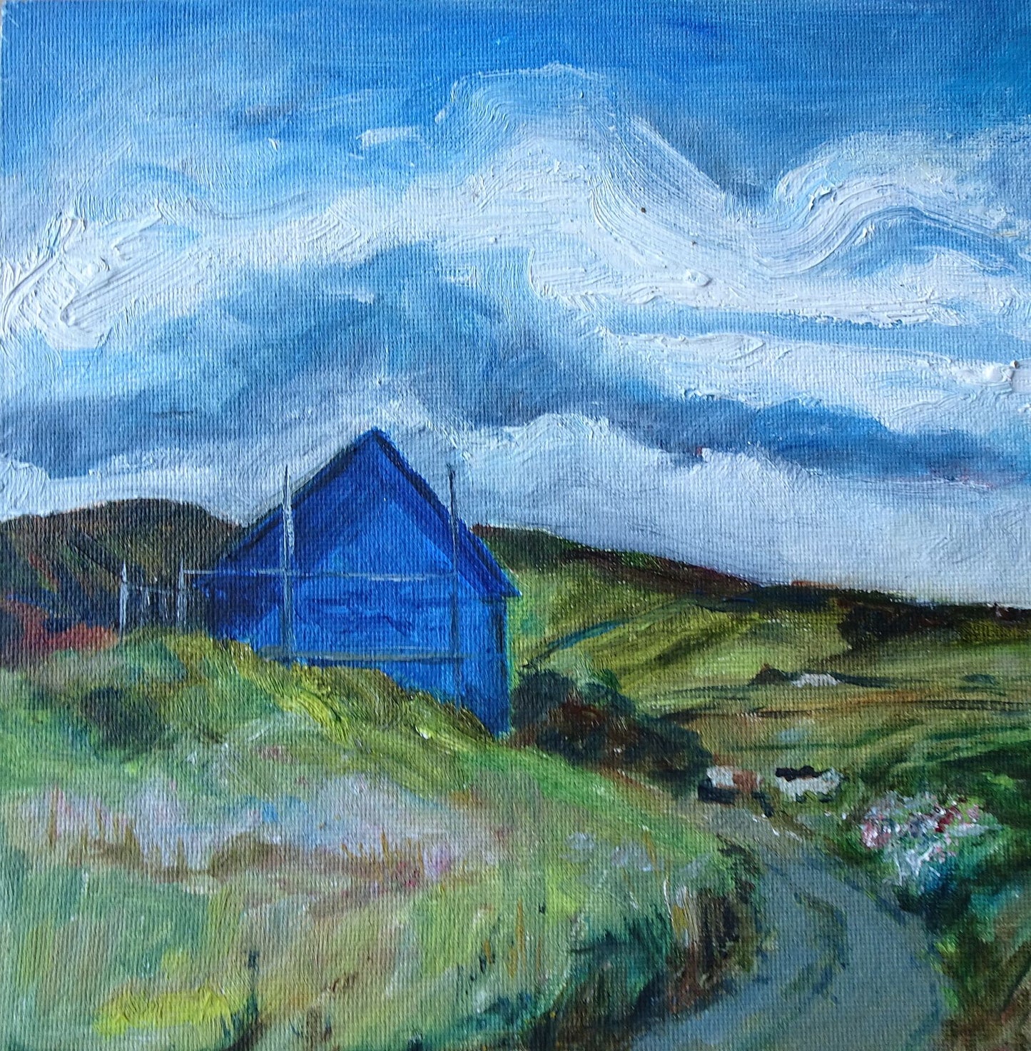 print of blue house and a road orkney scotland or anywhere by Jeanne Bouza Rose